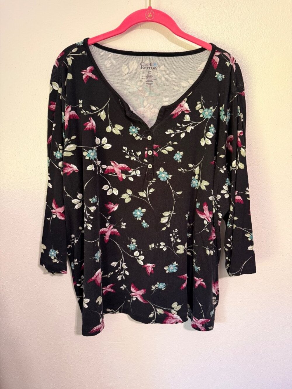 Croft & Barrow Knit Top Black Multi Floral Hummingbird Henley Womans 3X